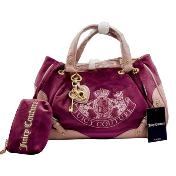Juicy Couture Bordeaux Velour Pink Faux Leather Nuova Twig Dog Double Handle Bag - Picture 12 of 13